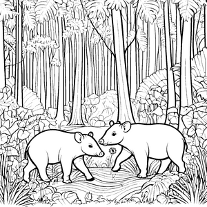 Zwei neugierige Tapir-Jungtiere im Dschungel Ausmalvorlage für abenteuerliche Entdecker