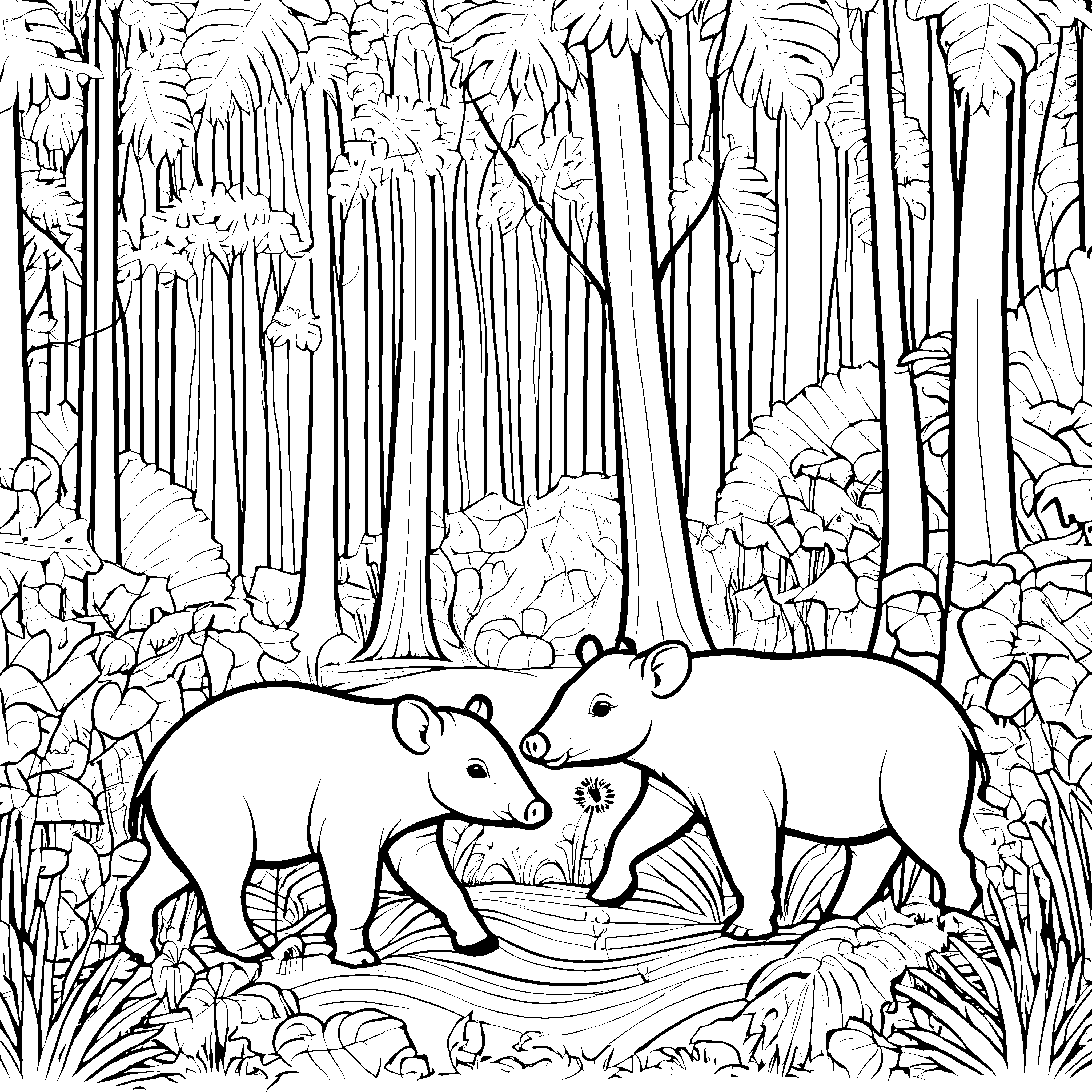 Zwei neugierige Tapir-Jungtiere im Dschungel Ausmalvorlage für abenteuerliche Entdecker