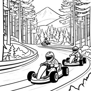 Rasante Kartbahn mit abenteuerlichen Kurven Ausmalbild für kleine Speedster