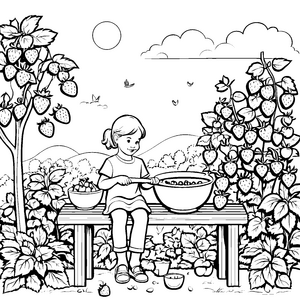 Süße Erdbeeren in der bunten Gartenwelt Ausmalbild für junge Naschkatzen