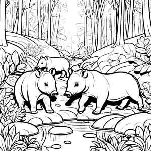 Verspielte Tapir-Jungtiere am plätschernden Bach Ausmalvorlage für neugierige Tierfreunde