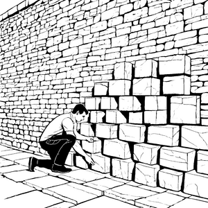Verschmitzter Maurer beim Bau einer stabilen Mauer Ausmalbild für kleine Baukünstler
