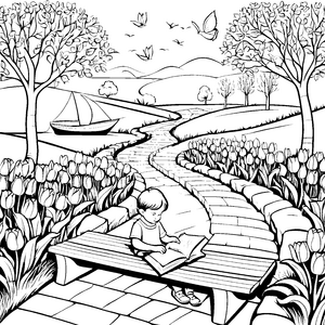 Gemütliche Gartenbank mit lesendem Kind Ausmalbild für fantasievolle Entdecker