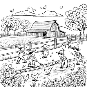 Lebhafte Kinder beim Spielen auf dem Bauernhof Ausmalbild für kleine Naturforscher