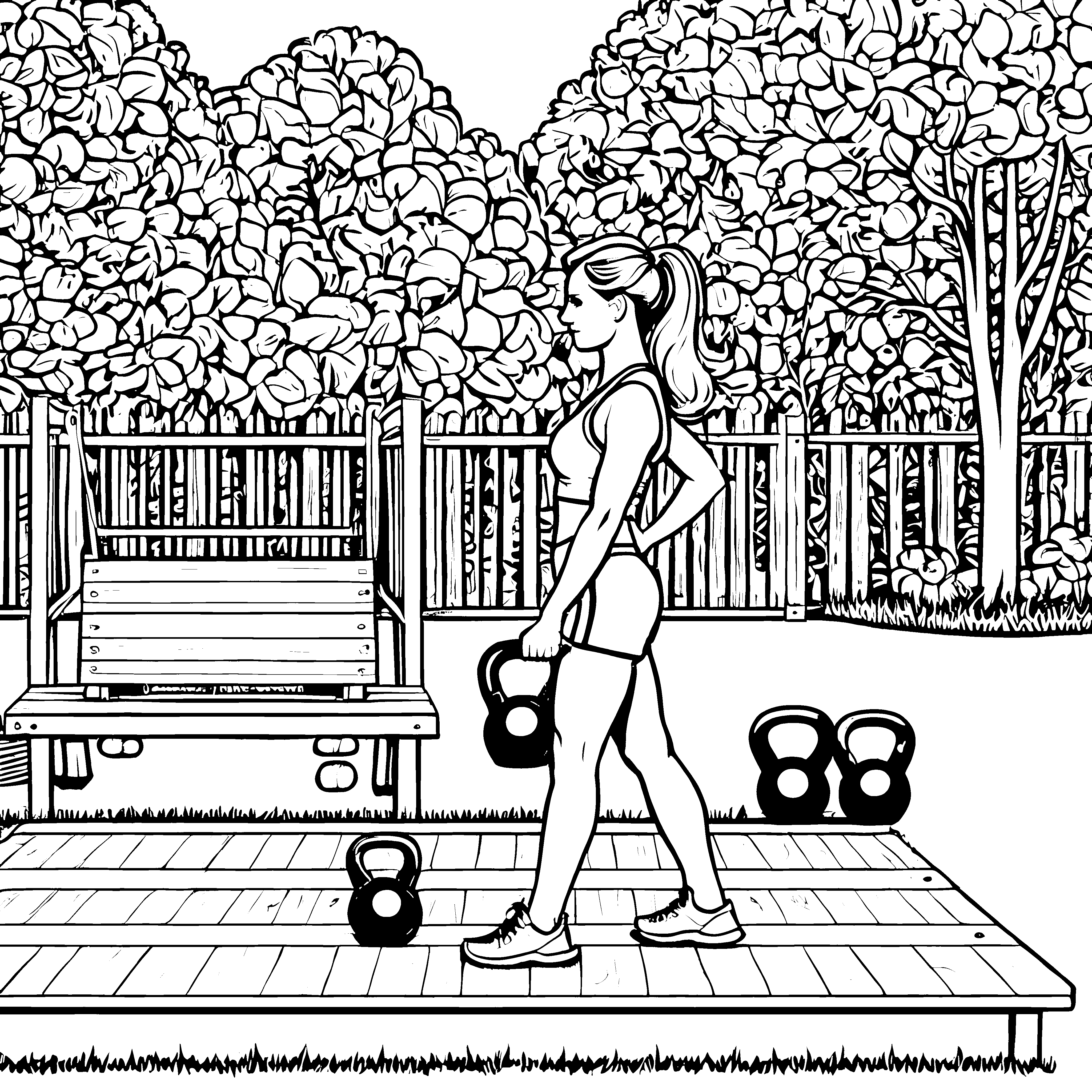 Kettlebell-Workout im Freien Ausmalbild für aktive Fitnessfreunde