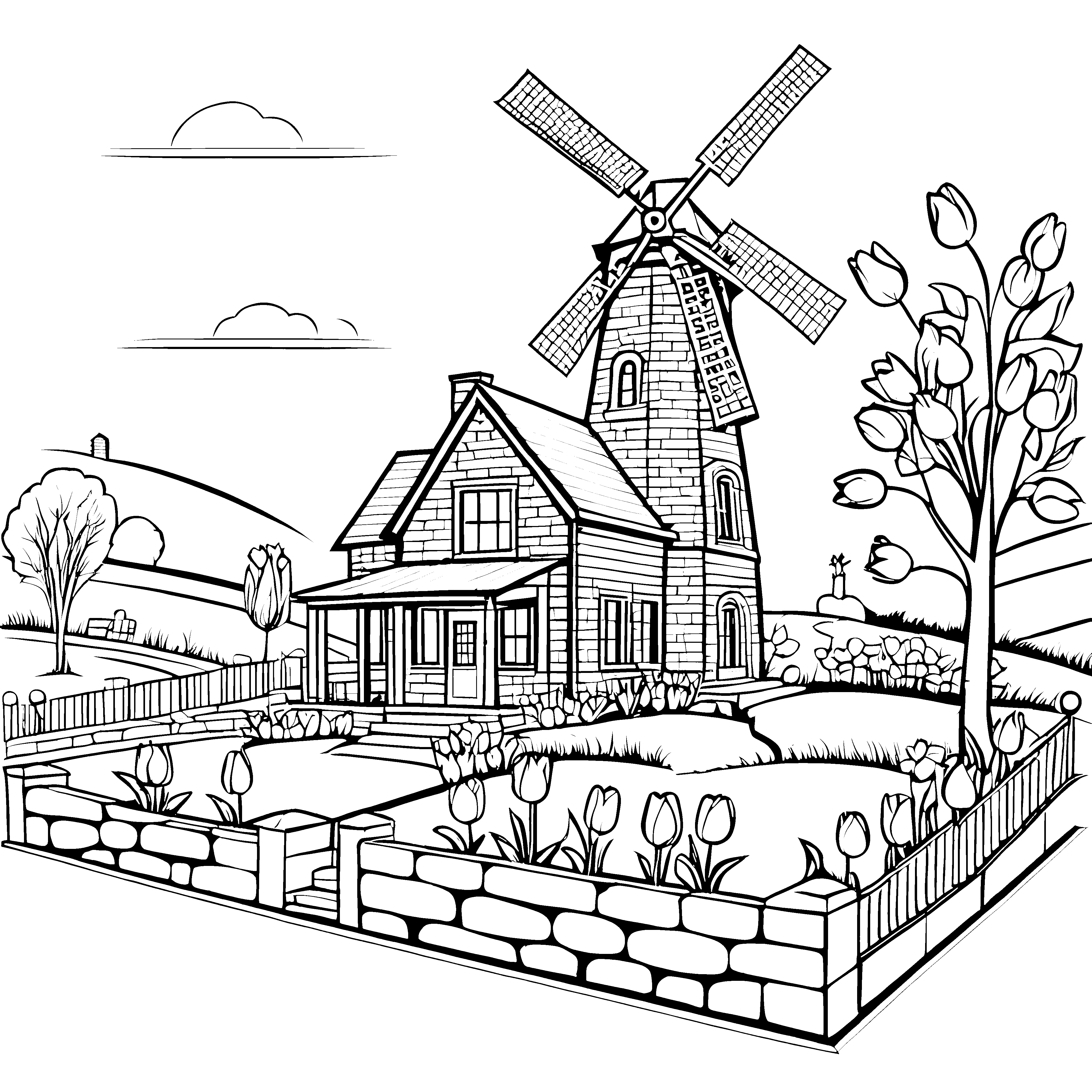 Bezaubernde Windmühle mit buntem Garten Ausmalvorlage für kleine Naturfreunde