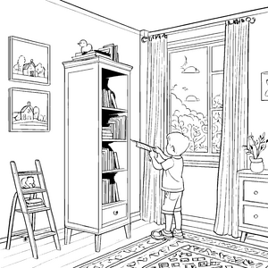 Kreativer Junge mit neugierigem Blick am Hochschrank Ausmalbild für kleine Entdecker
