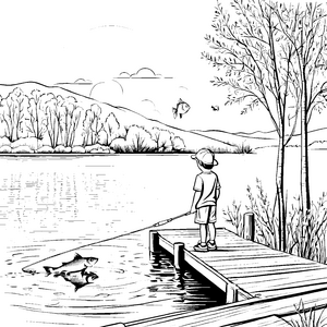 Fischende Kinder am ruhigen Badesee Ausmalbild für abenteuerliche Entdecker