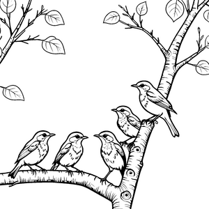 Fröhliche Vögel auf einladendem Baum Ausmalvorlage für kreative Naturfreunde