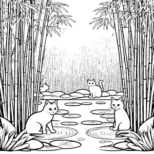Lustige Katzen im Bambuswald am Teich zum Ausmalen