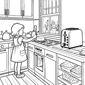 Verspielter Toaster in hellem Küchenambiente Ausmalbild für kleine Genussfreunde
