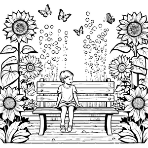 Sonnenblumen, Schmetterlinge und die gemütliche Gartenbank zum Ausmalen