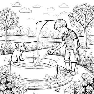 Der Junge, der Hund und der große Springbrunnen zum Ausmalen