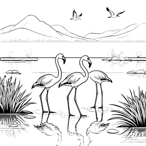 Elegante Flamingos am glitzernden Wasser Ausmalvorlage für neugierige Künstler