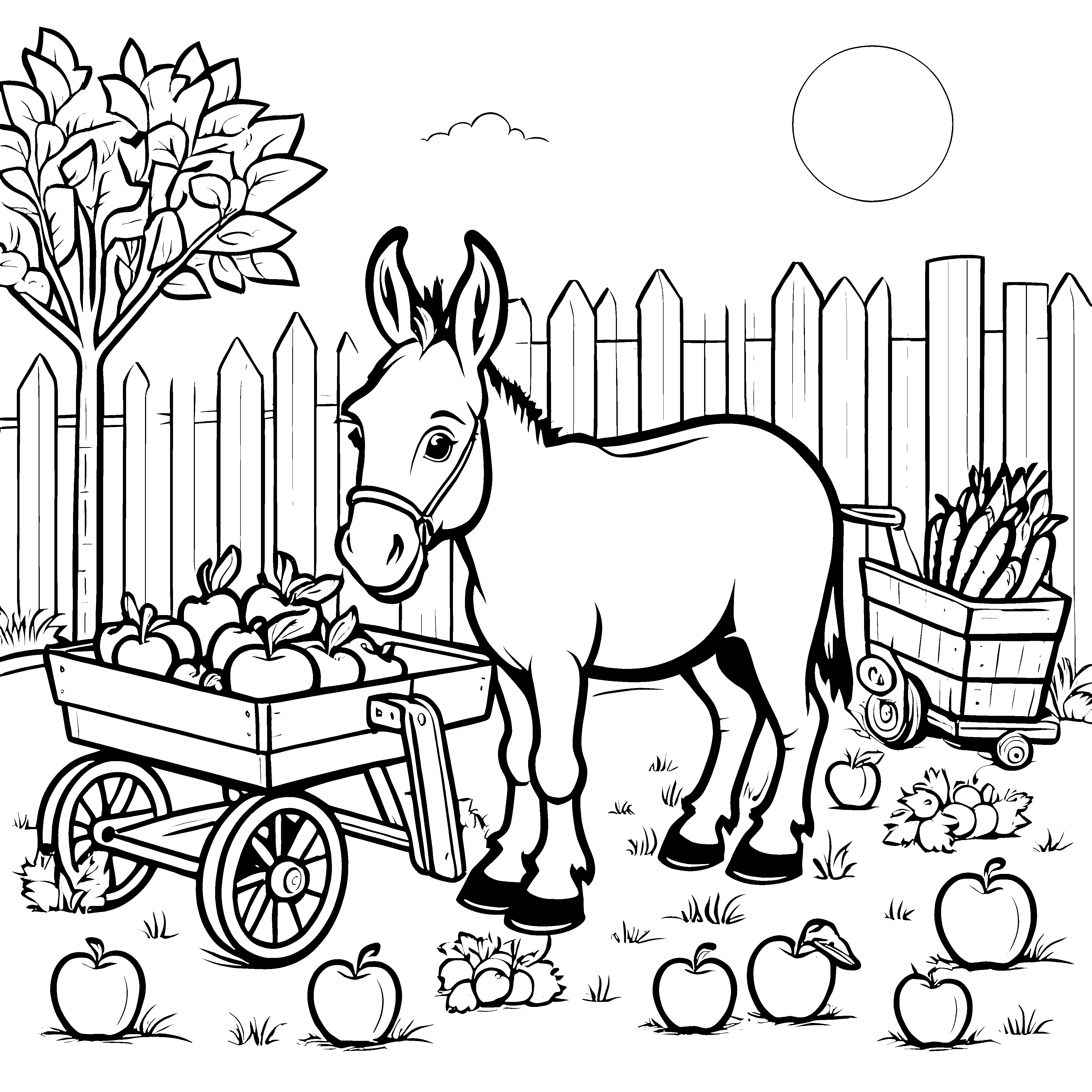 Esel mit buntem Erntewagen Ausmalbild für kleine Naturfreunde