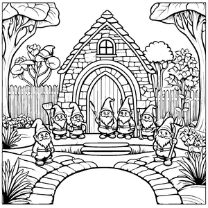 Die Zwerge vor dem Steinhaus im Garten malen