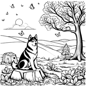 Husky auf dem Baumstumpf mit Schmetterlingen Ausmalbild für abenteuerlustige Naturentdecker