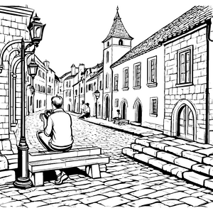 Der kleine Fotograf in der historischen Altstadt mit seiner Kamera