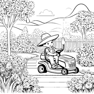 Fröhlicher Junge mit coolem Rasenmäher Ausmalbild für kleine Gartenprofis
