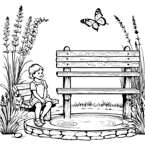 Schmetterlinge und Blumen bei den gemütlichen Gartenbänken ausmalen