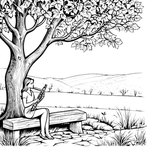Faszinierende Flötenspielerin unter majestätischem Baum Ausmalvorlage für melodische Künstler