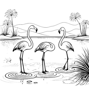 Flamingos im Sonnenschein am kühlen Wasser Ausmalbild für neugierige Naturfreunde
