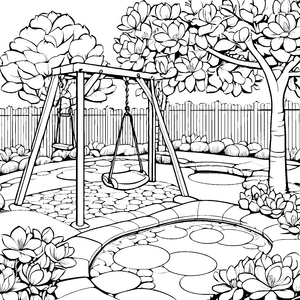 Schaukel im blühenden Magnoliengarten Ausmalbild für kreative Naturfreunde