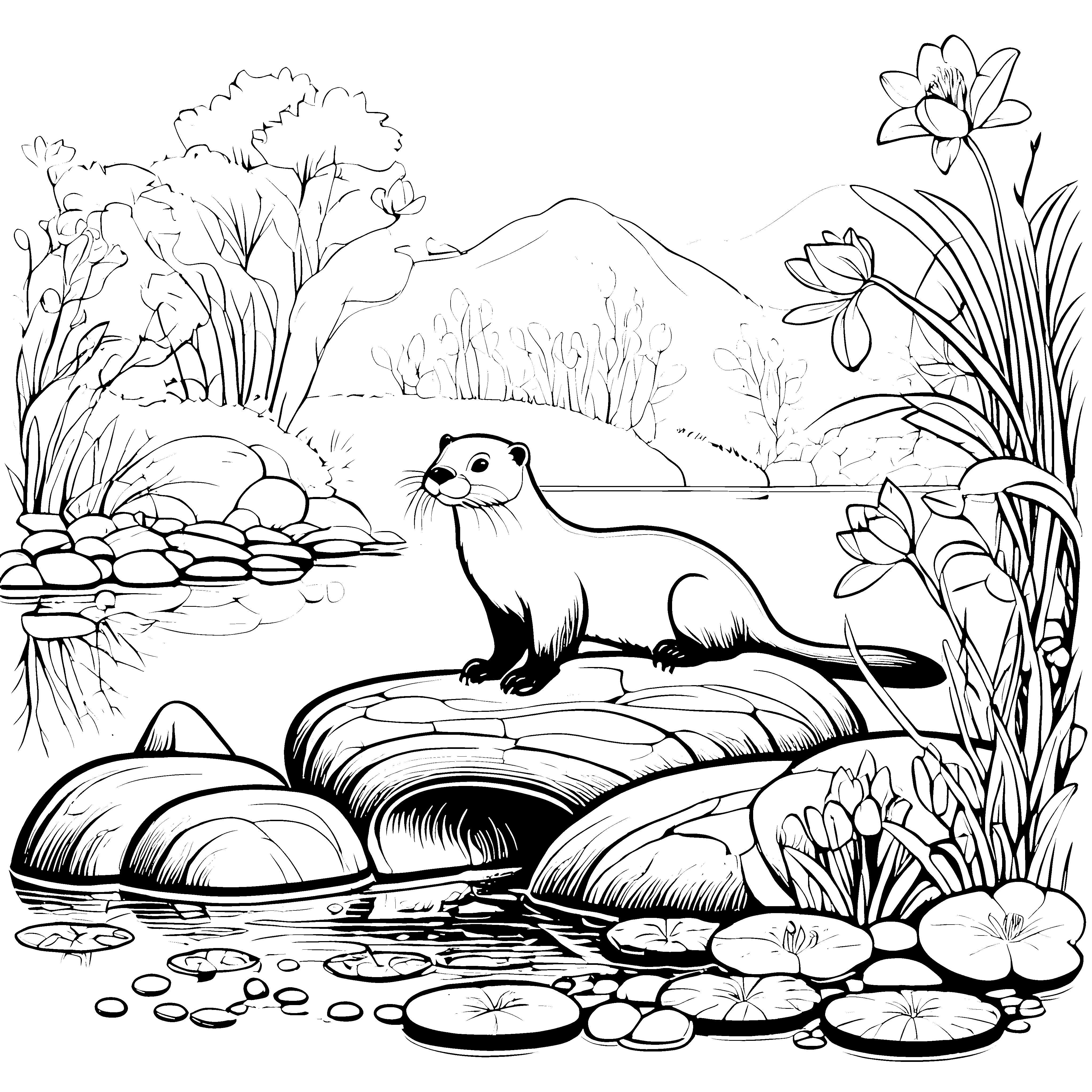 Der Otter am Ufer mit Wasserlilien zum Ausmalen