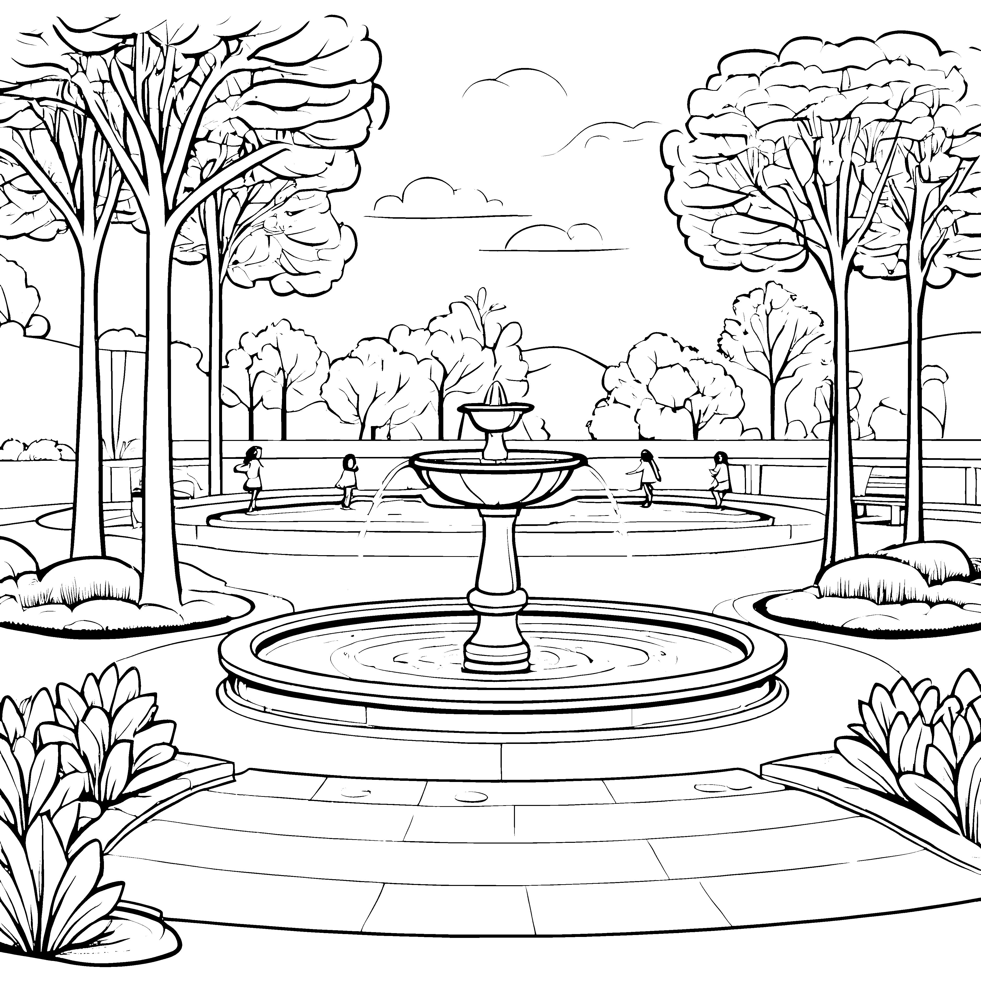 Das große Springbrunnenmalbild im Park mit Bäumen