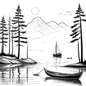 Fischerboote am See bei malerischer Uferlandschaft zum Ausmalen
