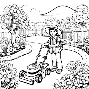 Fröhlicher Rasenmäher im bunten Garten Ausmalbild für kleine Gartenfreunde