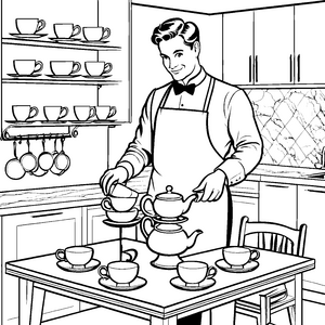 Charmanter Butler mit edlem Teeservice Ausmalbild für angehende Gourmetfreunde