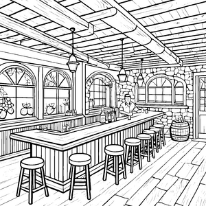 Gemütliche Taverne mit bunten Früchten Ausmalvorlage für neugierige Entdecker