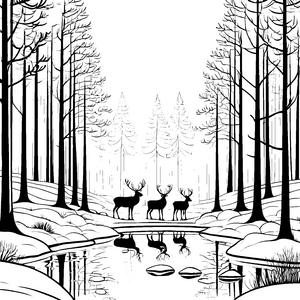 Rehe am Bachufer im Wald: Ein Ausmalspaß für Kinder