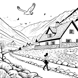Wunderschönes Landhaus in malerischer Landschaft Ausmalvorlage für fantasievolle Entdecker