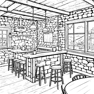 Gemütliche Taverne mit einladendem Holzinterieur Ausmalbild für fröhliche Entdecker