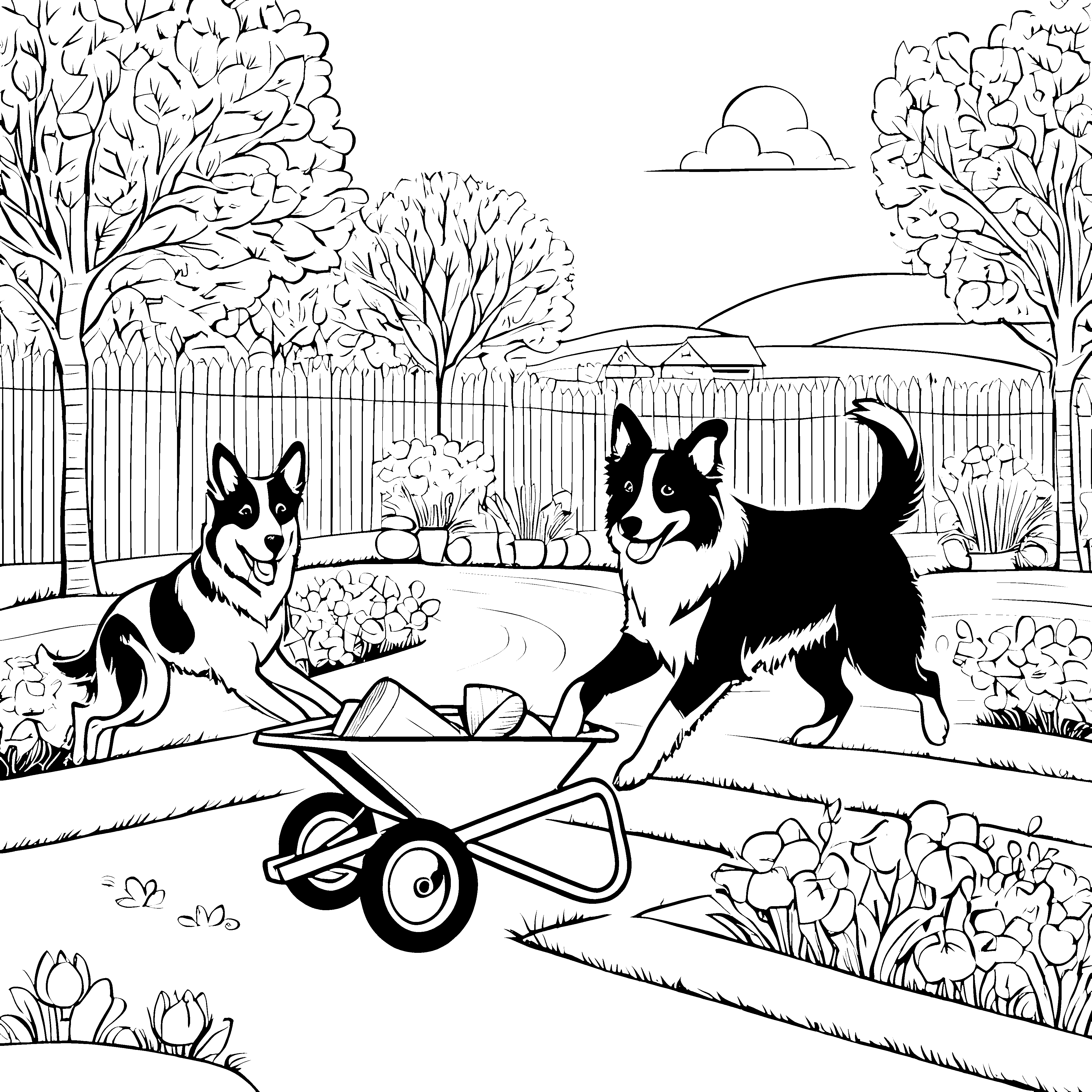 Hofhunde im Garten: Zwei Freunde mit dem kleinen Wagen malen
