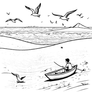 Treibsand am Meer: Vögel und das Paddelboot malen