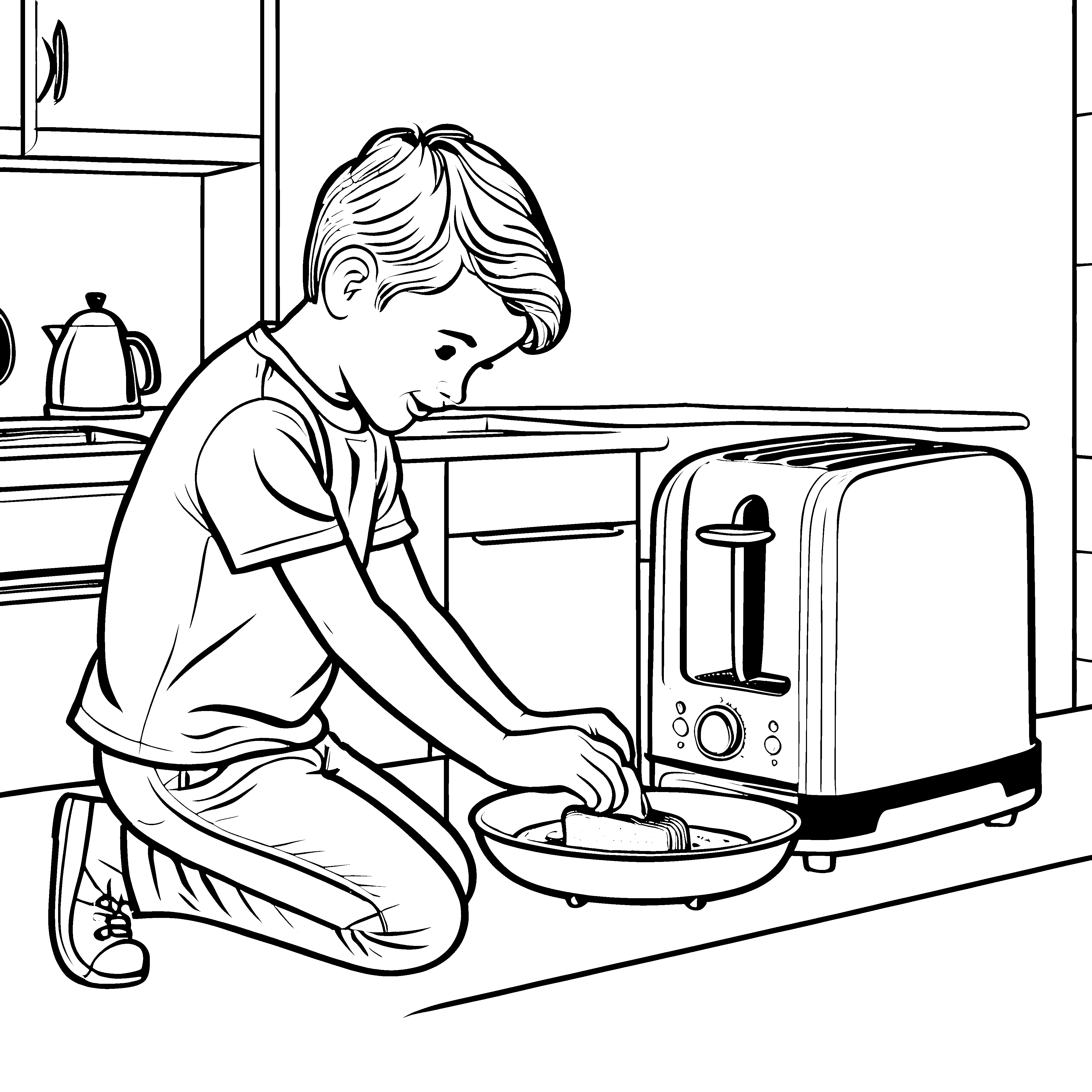 Begeisterter Junge beim Toasten leckerer Brotscheiben Ausmalvorlage für kleine Küchenchefs