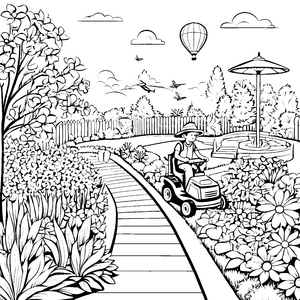 Gardenfreund mit flitzendem Rasenmäher Ausmalvorlage für spritzige Gartenzauberer