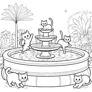 Lustige Katzen am Brunnen im Dschungel zum Ausmalen