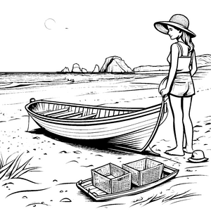 Fischerboote am Strand: Ein Ausmalspaß für Kinder
