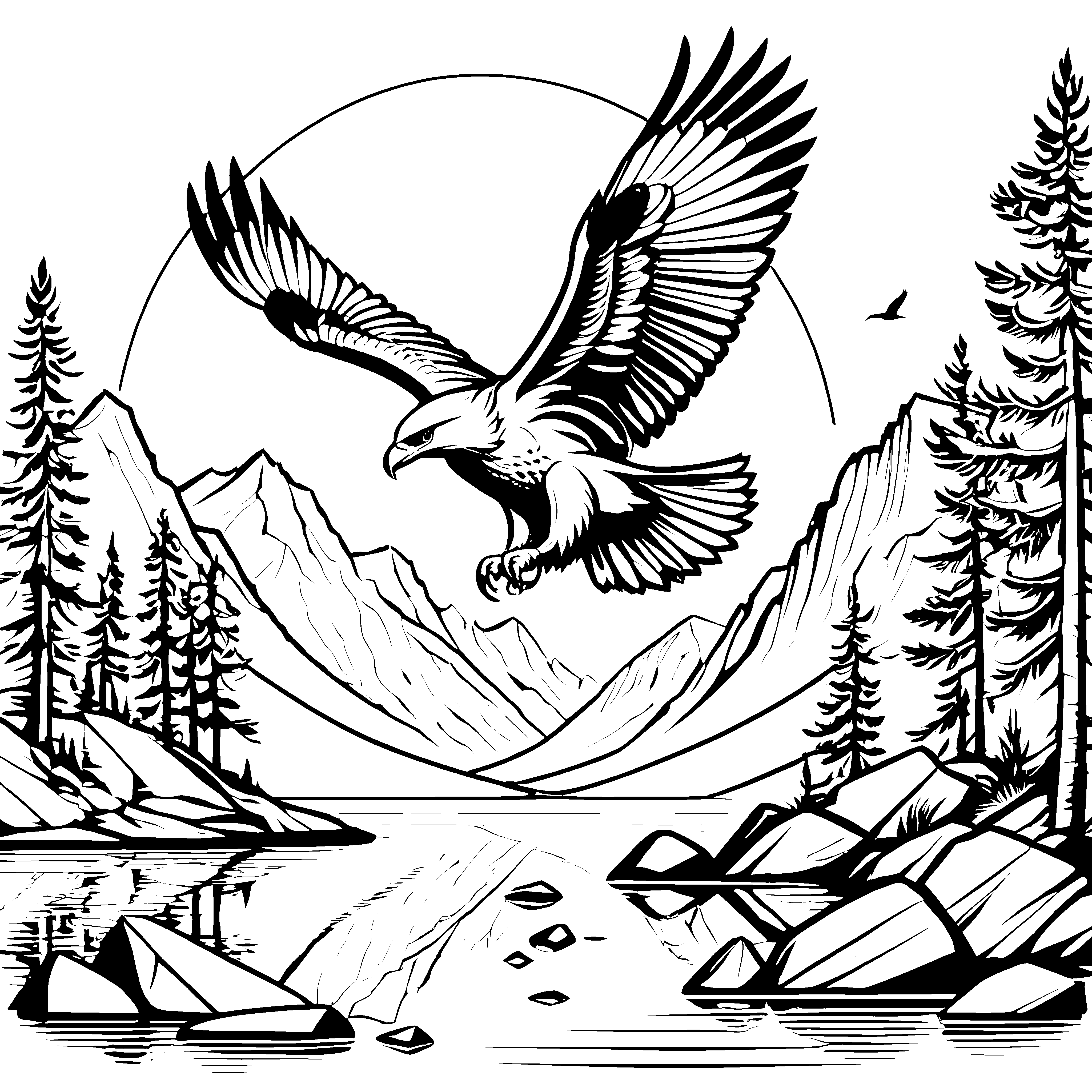 Majestätischer Adler über Berg - und Flusslandschaft zum Ausmalen