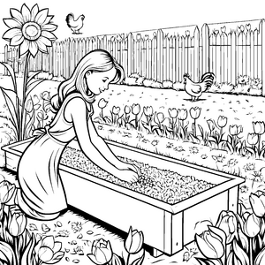Mädchen füttert Hühner bei Sonnenblumen und Tulpen im Gehege