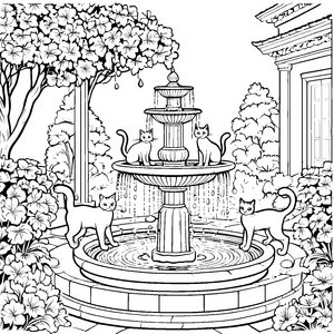 Lustige Katzen am Springbrunnen im Garten ausmalen zum Ausmalspaß