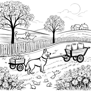 Hofhunde auf der Blumenwiese mit Kutschen und Welpen zum Ausmalen