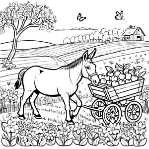 Charmanter Esel mit buntem Obstwagen Ausmalvorlage für fröhliche Hobbykünstler