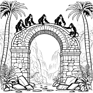 Abenteuerliche Gorillas auf malerischer Steinbrücke Ausmalbild für mutige Dschungelentdecker