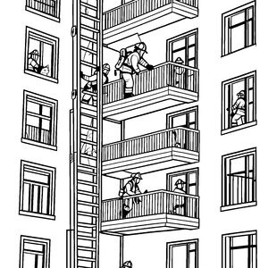 Feuerwehrleute retten mutig Katzen aus dem Fenster Ausmalmotiv für tapfere Tierfreunde