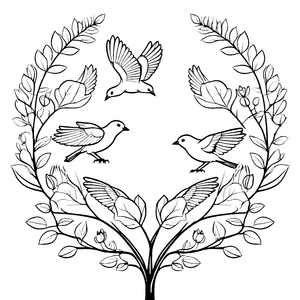 Lebhafte Vögel im bunten Baum Ausmalvorlage für kleine Naturkünstler